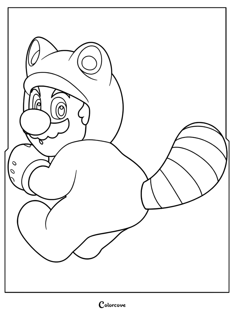 Mario Tanooki blanc dans une pose dynamique pour un coloriage à imprimer mettant en valeur ses oreilles de raton laveur emblématiques et sa queue rayée.