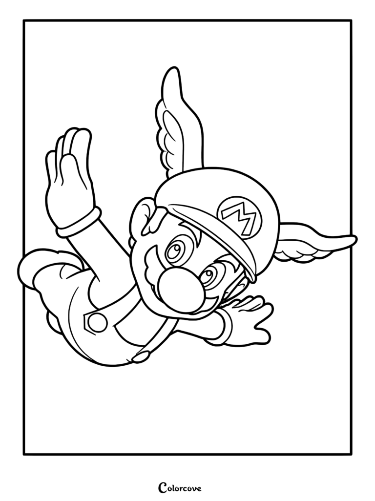 Mario Casquette Ailée volant dans les airs dans ce coloriage au trait détaillé