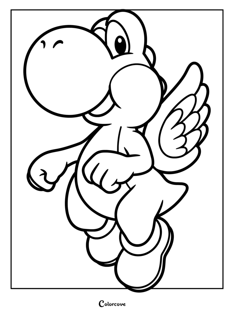 Un coloriage à imprimer représentant un Yoshi ailé volant avec des ailes de plumes déployées.