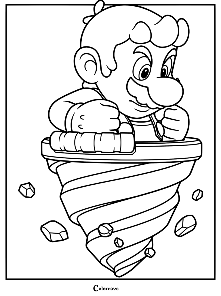 Mario Foreuse creusant le sol en tournoyant sur ce coloriage aux traits détaillés.