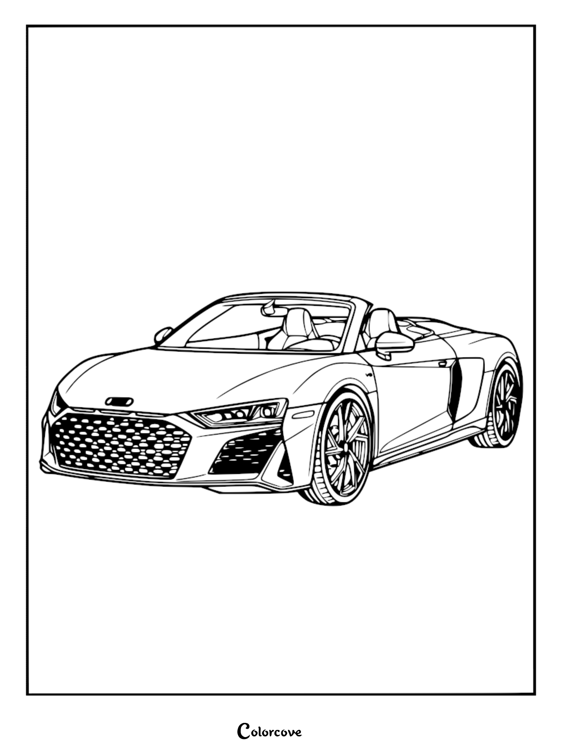 A detailed line art coloring page of an Audi R8 convertible supercar with a sleek open-top design and intricate grille patterns.