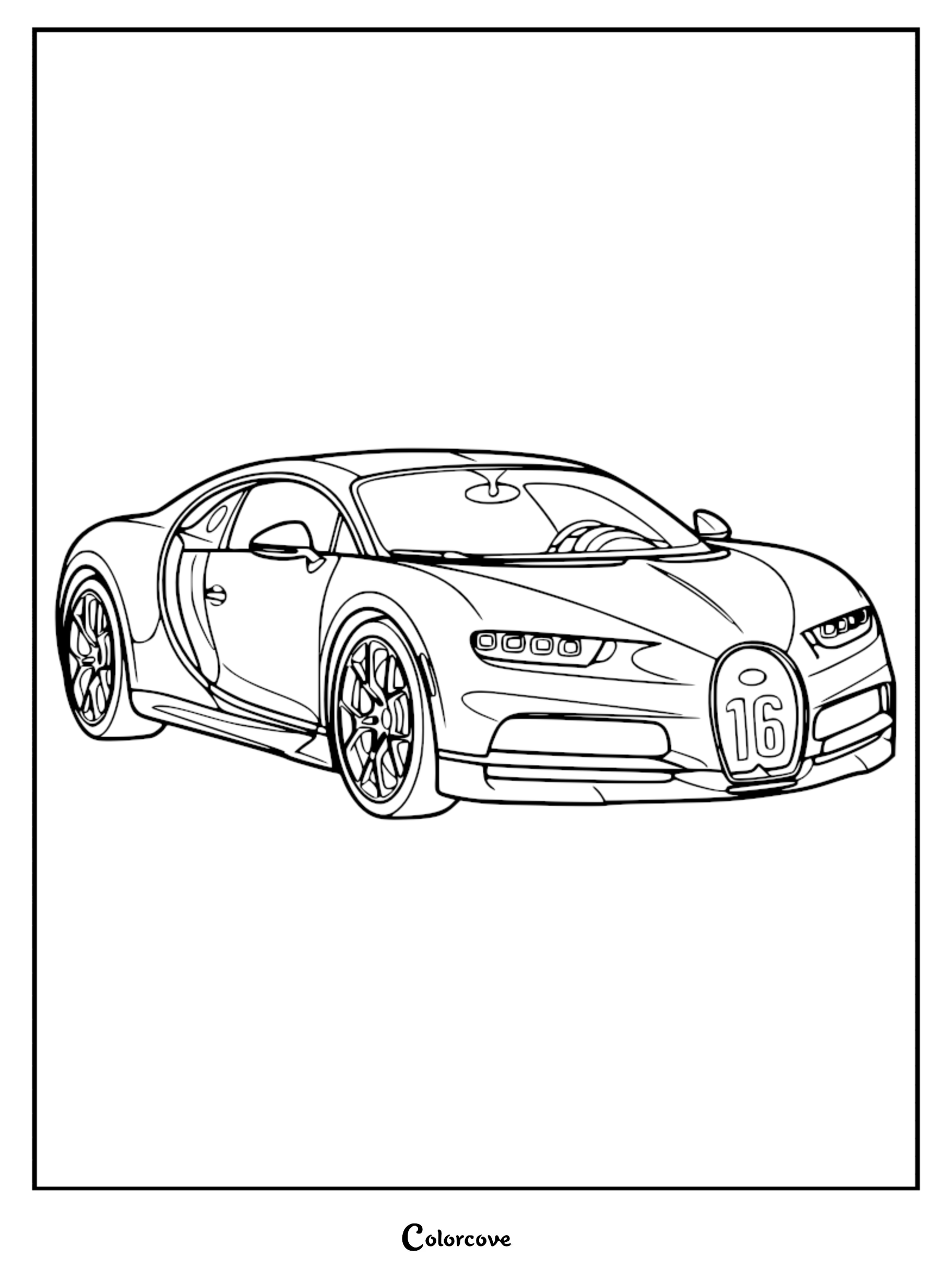 Detailed line art of a Bugatti Chiron supercar featuring the number 16 on the front grille for a printable coloring page.