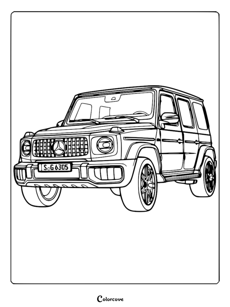 A detailed line art coloring page of a Mercedes-Benz G-Wagon luxury SUV featuring its iconic boxy silhouette and front grille.