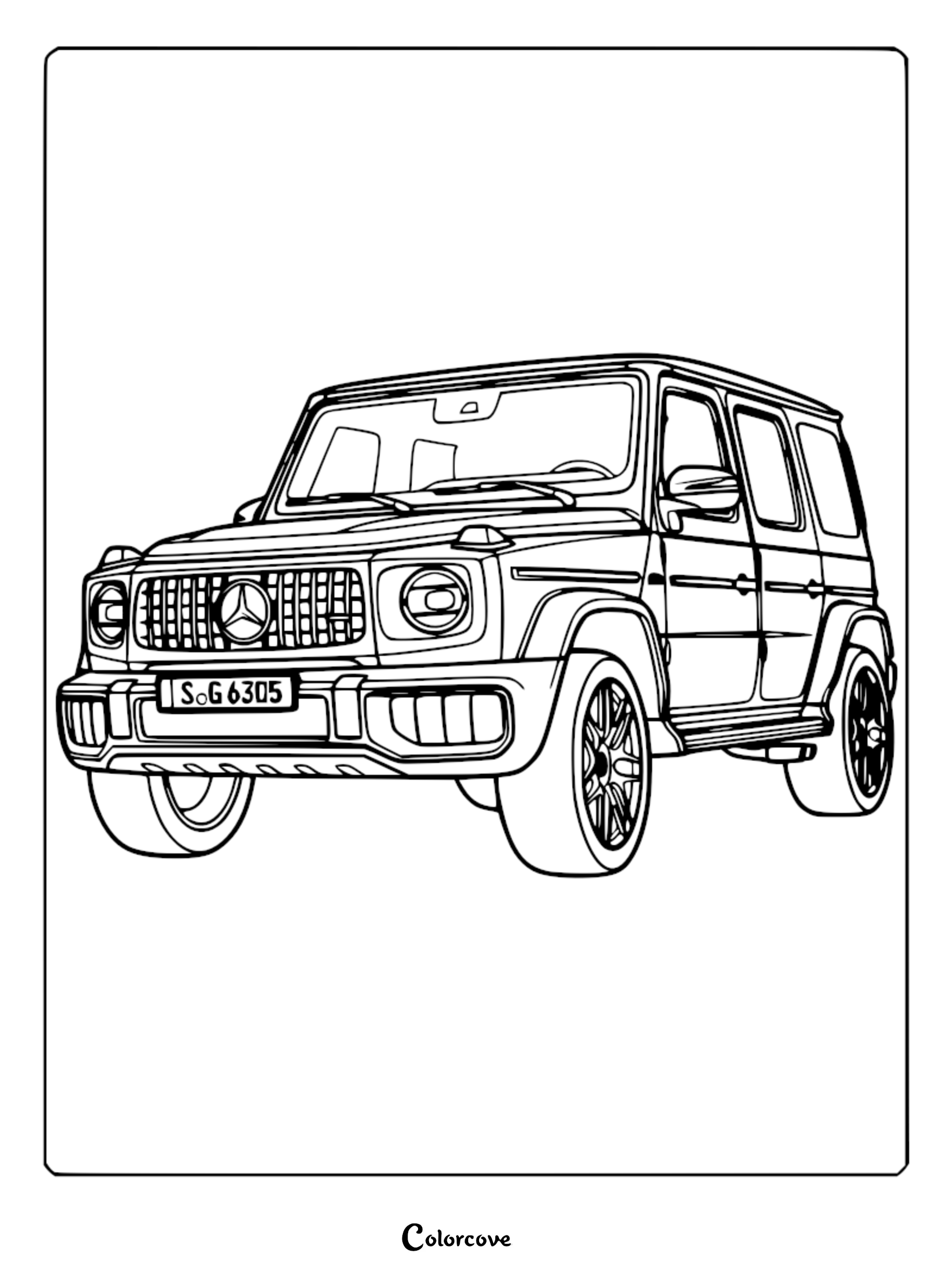 A detailed line art coloring page of a Mercedes-Benz G-Wagon luxury SUV featuring its iconic boxy silhouette and front grille.