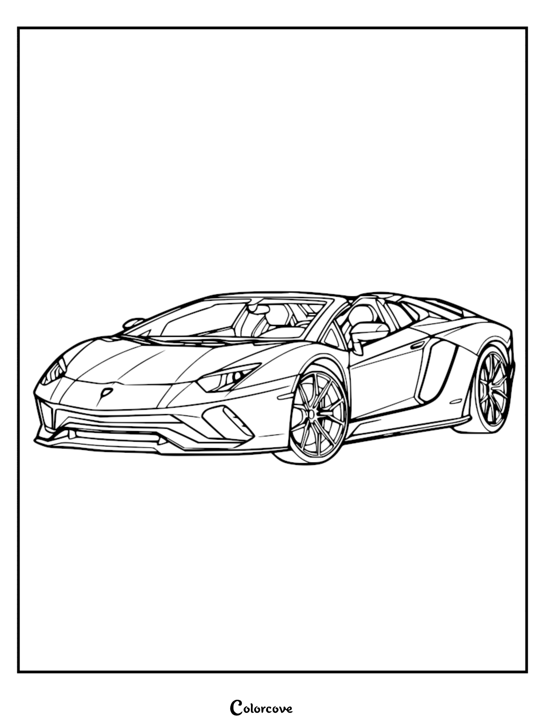 A detailed line art coloring page featuring the sleek Lamborghini Aventador SVJ supercar in a three-quarter front view.