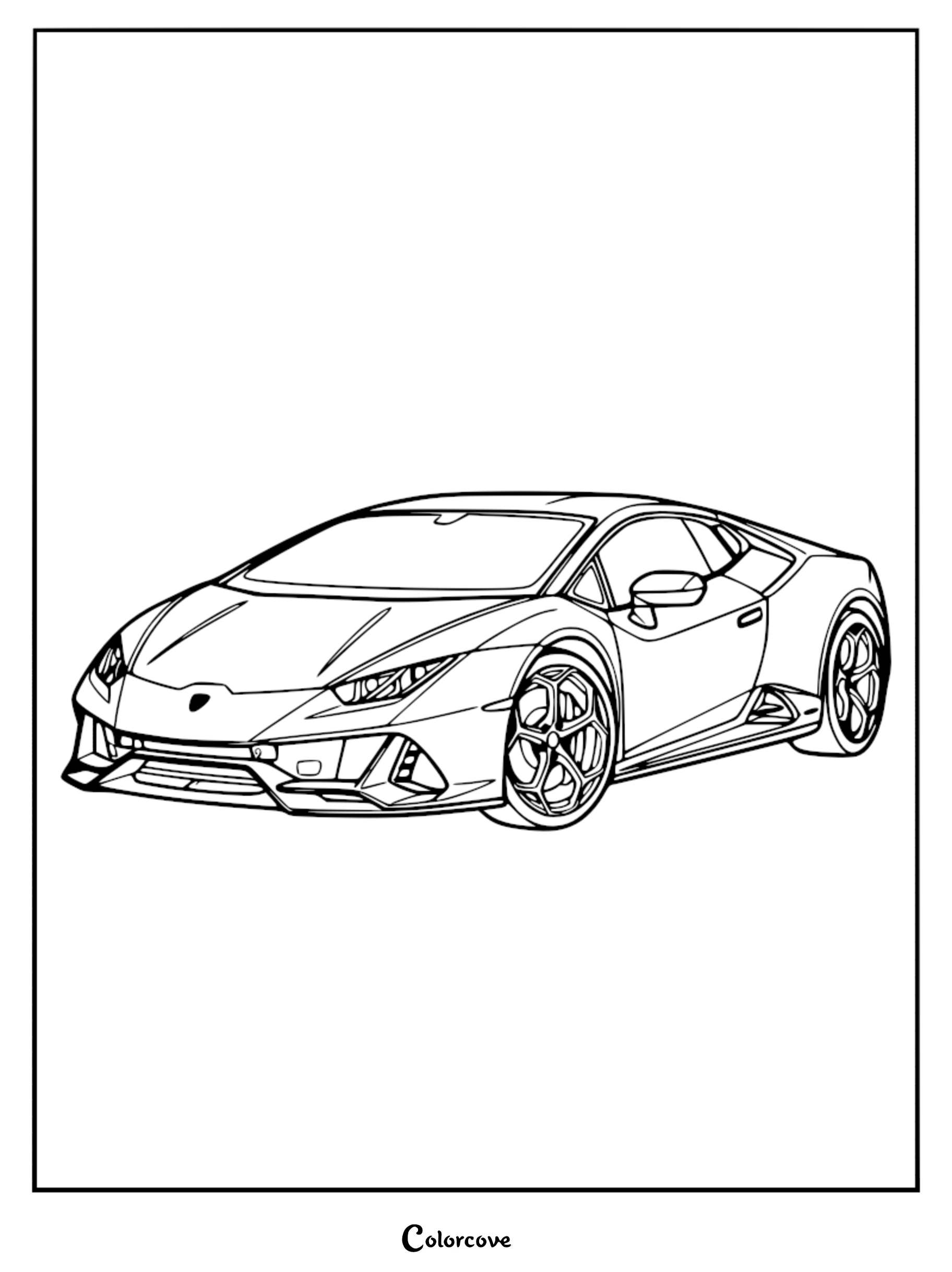 A detailed line art coloring page of a sleek Lamborghini Huracan supercar viewed from a front three-quarter angle.