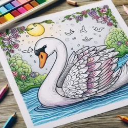 Swan coloring page with flowers, trees, and a pond. Includes colored pencils and watercolors. Ideal for relaxing art activities.