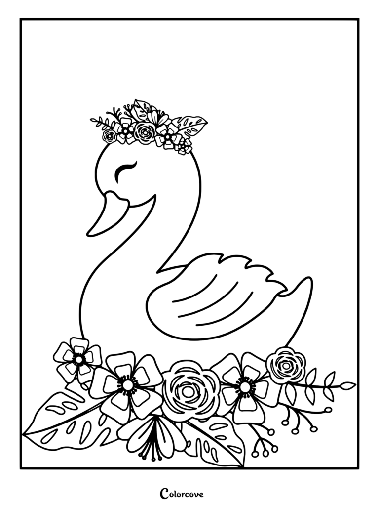 A cute swan wearing a flower crown surrounded by tropical leaves and blossoms in this printable coloring page.
