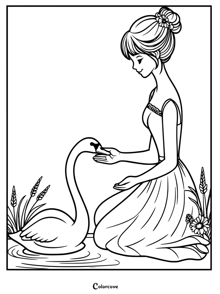 A young woman with a bun hairstyle kneeling by a pond to feed a graceful swan, line art coloring page.