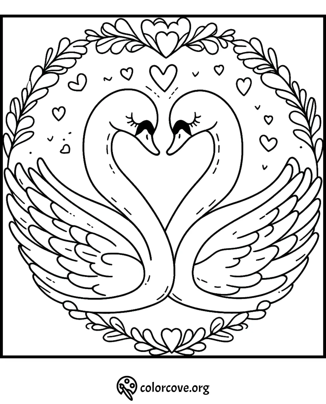 Romantic swan coloring page with heart motifs, perfect for Valentine's Day or romantic-themed coloring activities.