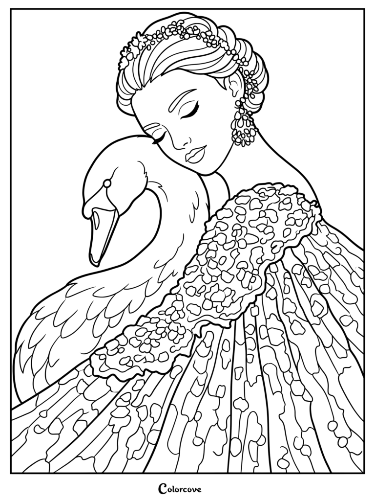 A beautiful princess with a floral crown and textured gown embracing a graceful swan in this detailed coloring page.