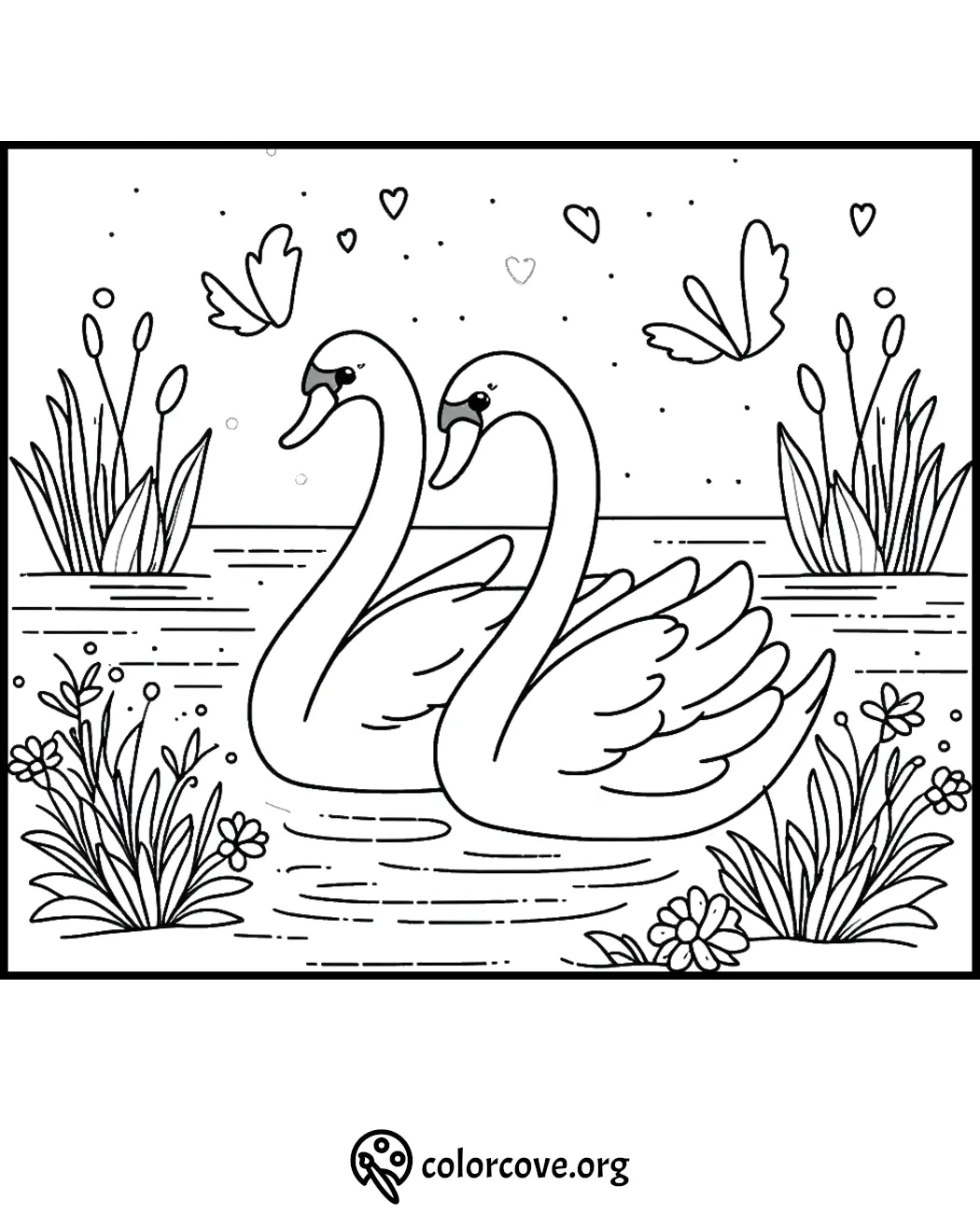 Two swans swimming in a pond with flowers and butterflies in a romantic nature scene. Coloring page from colorcove.org.