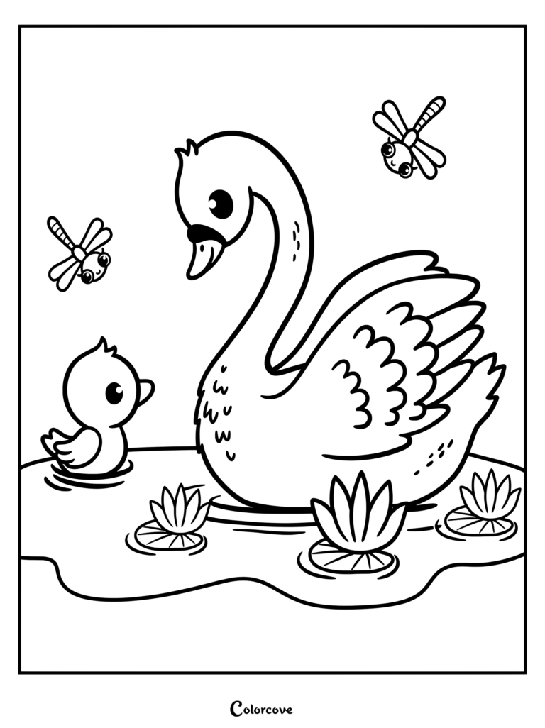 A cute swan and duckling swimming in a pond with two dragonflies, printable coloring page.