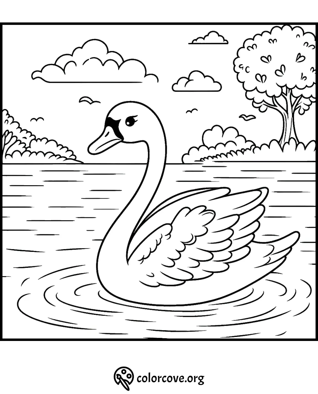 Coloring page featuring a serene swan swimming on a lake with trees and clouds in the background.