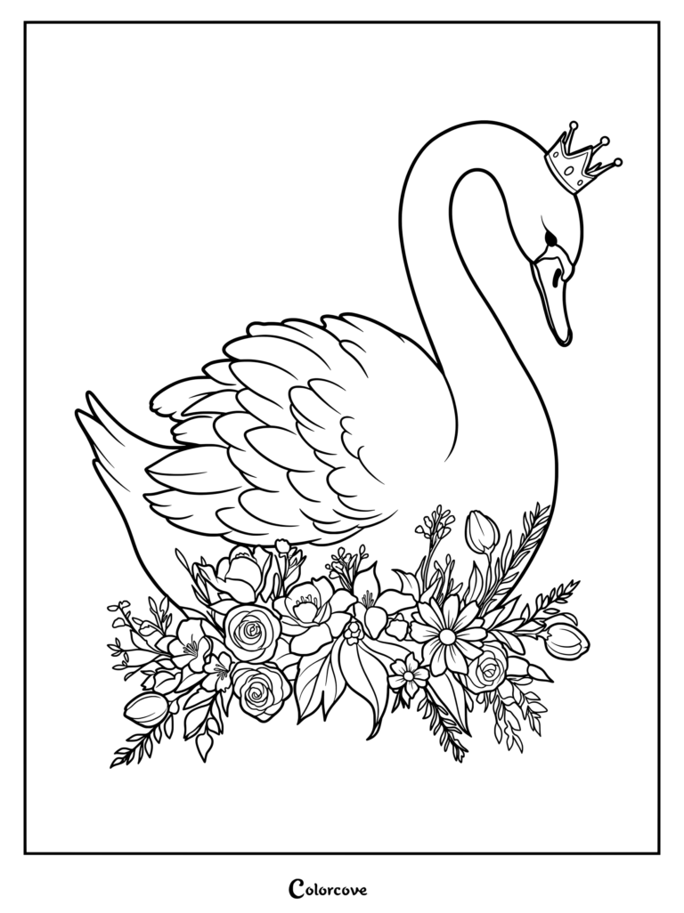 A majestic swan wearing a small crown surrounded by a detailed floral bouquet in this printable coloring page.