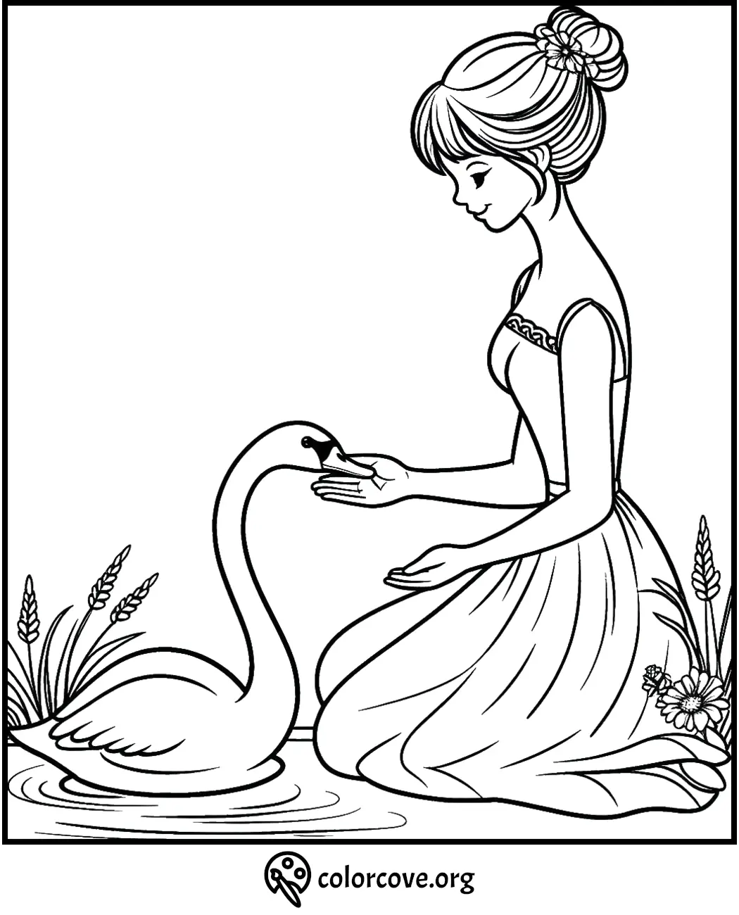 Coloring page of a woman in a dress sitting and feeding a swan in a pond surrounded by flowers and plants.