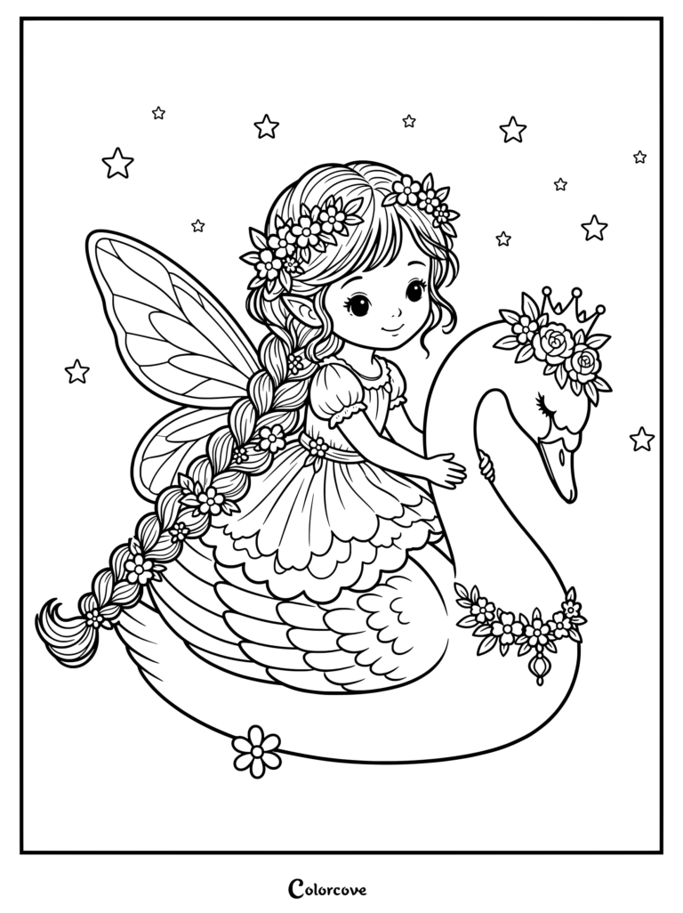 A cute fairy with braided hair and floral crown riding a swan wearing a flower crown and stars in the background coloring page.