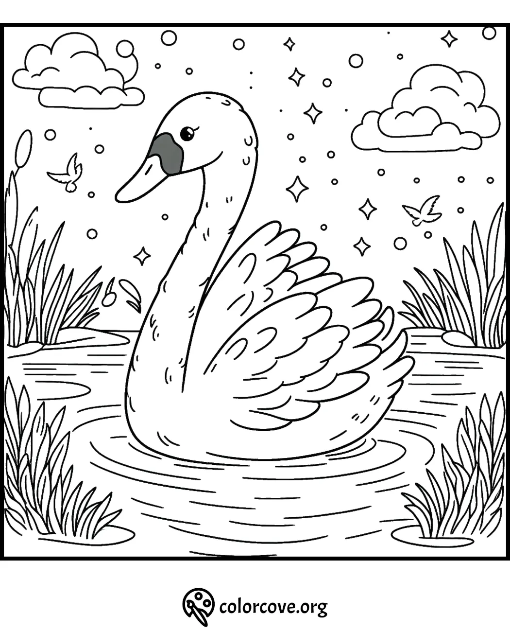 Coloring page of a serene swan gliding on a pond, surrounded by tall grasses, stars, clouds, and flying birds.