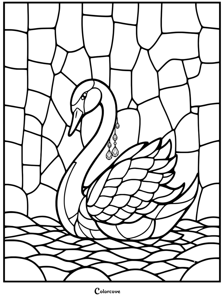A graceful swan wearing dangling crystal earrings in a stained glass style coloring page with a mosaic background.