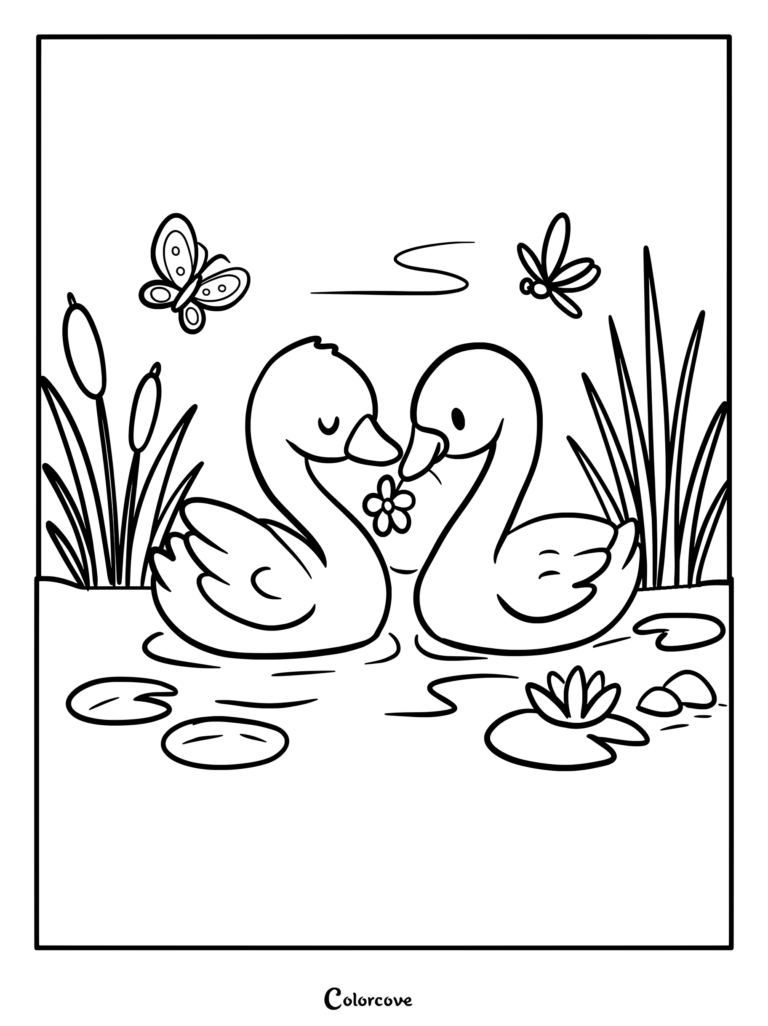 Two cute swans in a pond with a butterfly and dragonfly, coloring page style line art.