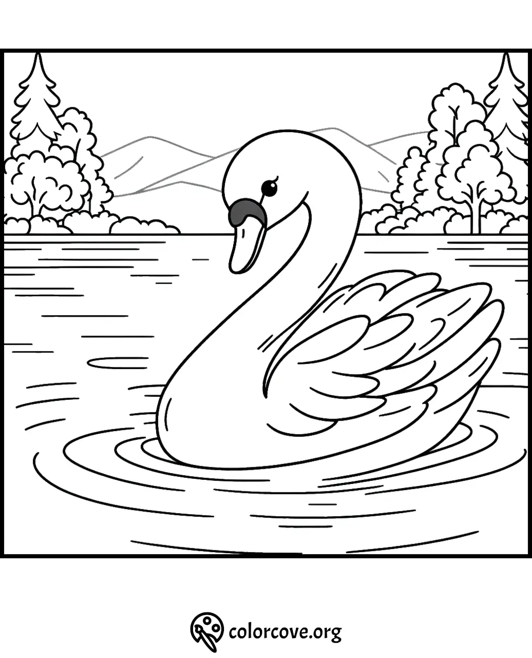 Coloring page depicting a serene swan floating on a lake with mountains and trees in the background - ColorCove.org coloring.