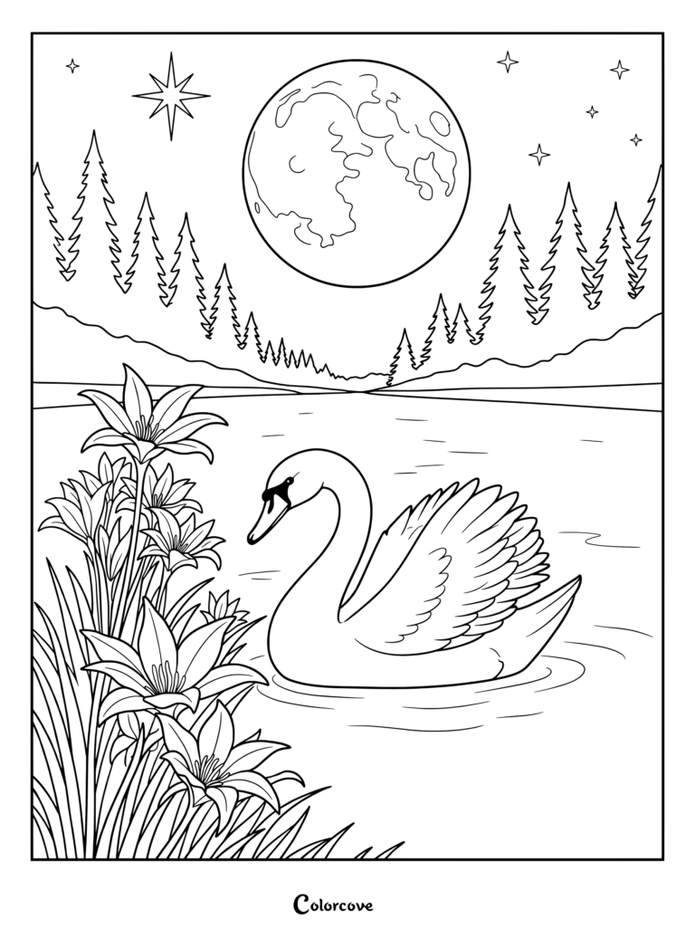 A swan swimming on a lake at night under a full moon and stars, featuring lilies in the foreground, printable coloring page.