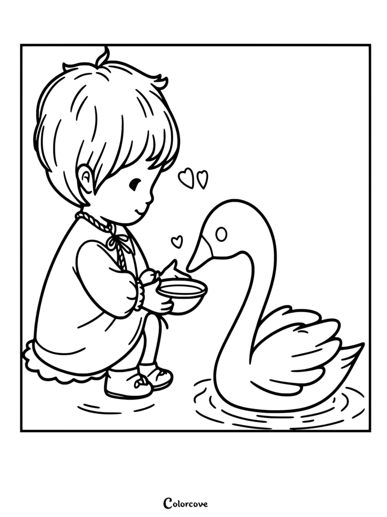 A Precious Moments girl kneeling to feed a swan from a small bowl in this printable coloring page.