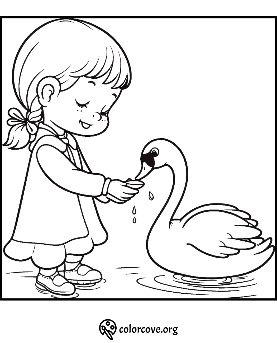 Coloring page of a young girl feeding a swan by a pond, designed for kids' creative activities from colorcove.org.