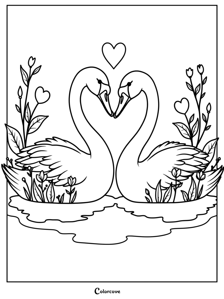 Two elegant swans facing each other to form a heart shape with their necks in this printable coloring page featuring surrounding flowers.