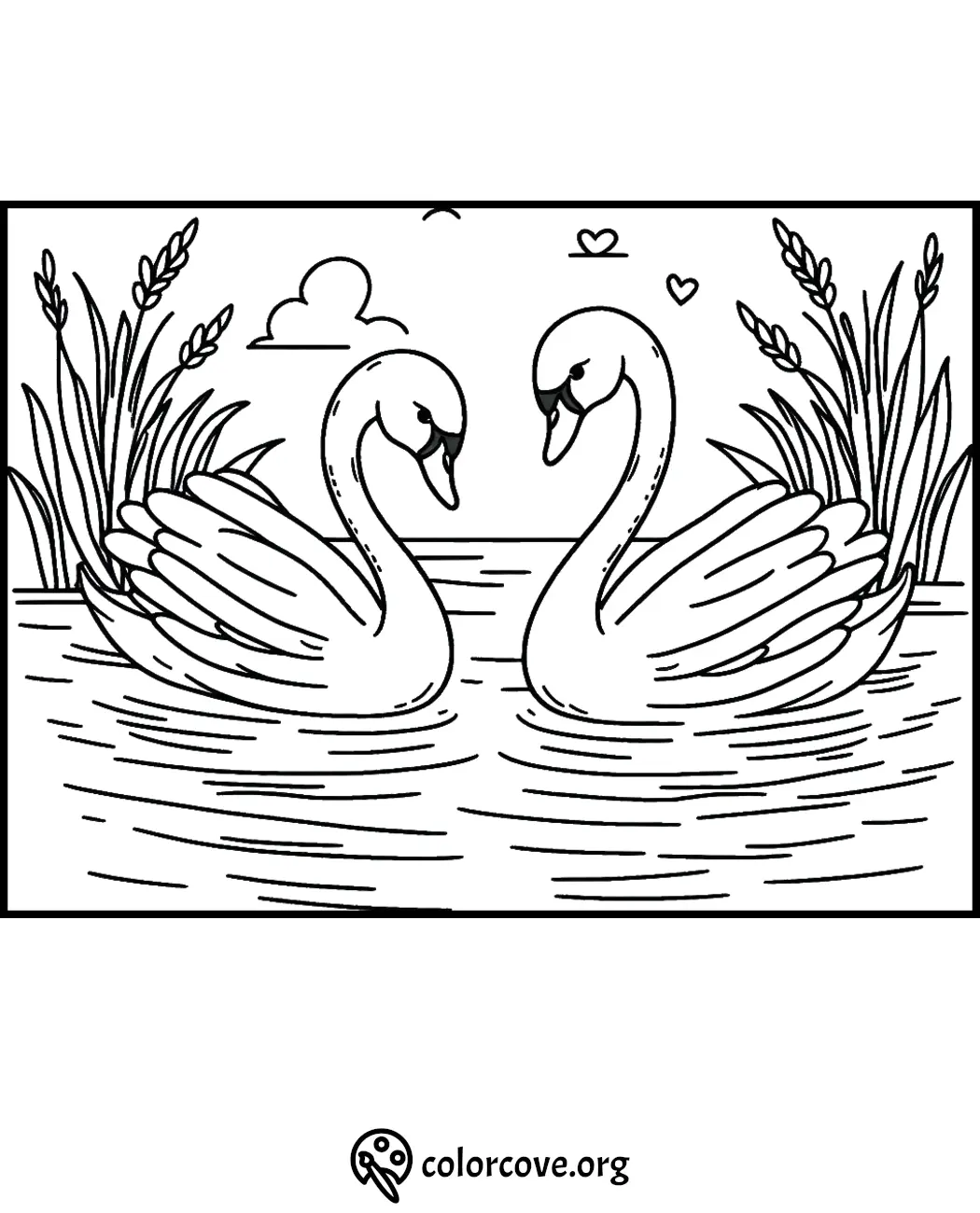 Coloring page of two graceful swans facing each other on a serene pond, surrounded by reeds and nature.