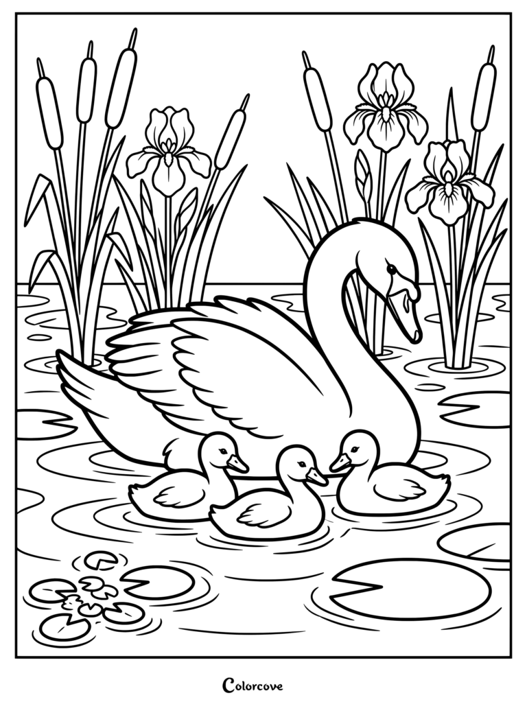 A mother swan swimming with three cygnets near cattails and irises in this printable coloring page.