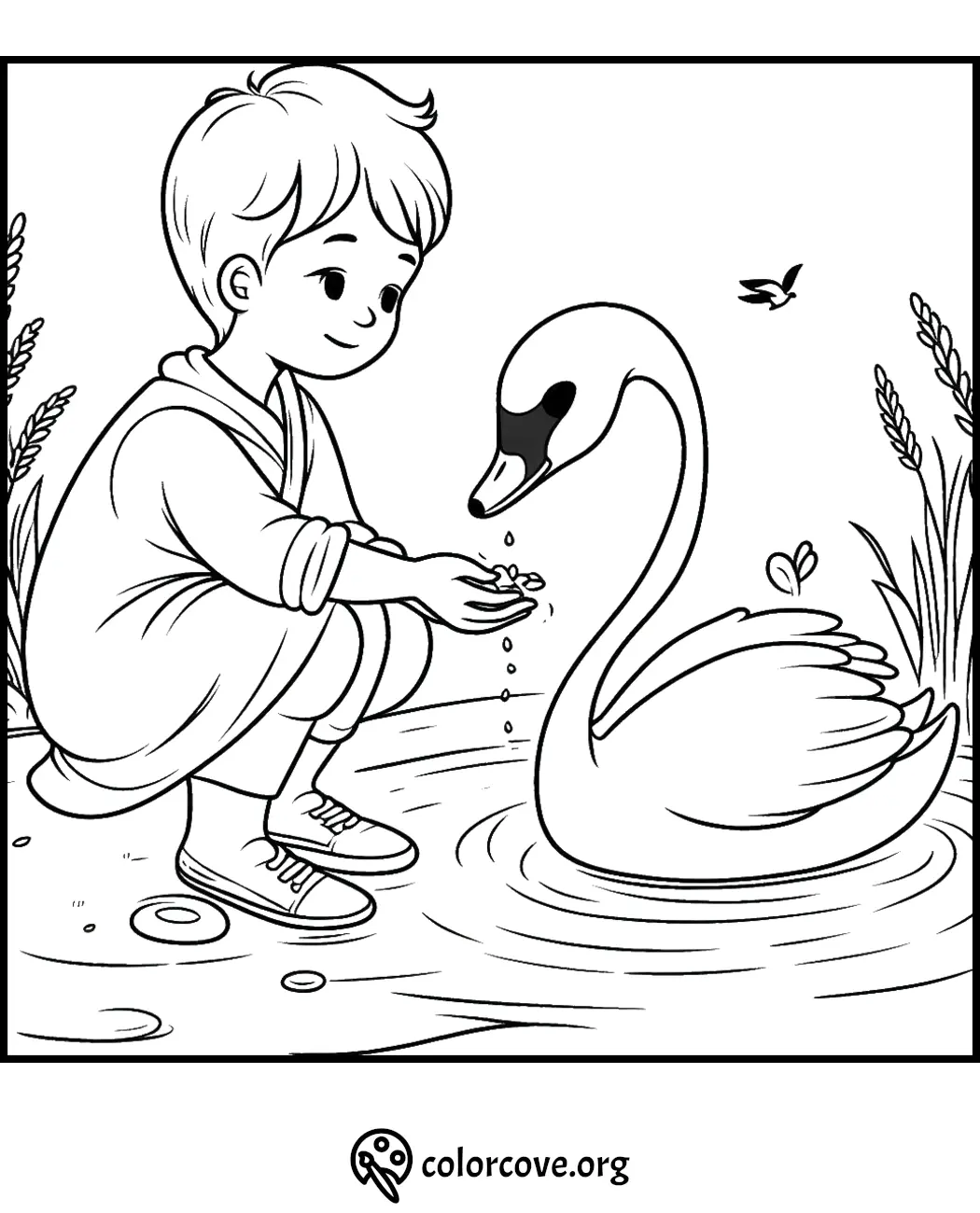 Boy feeding swan by the pond coloring page | Kid and nature activity illustration for children | ColorCove.org