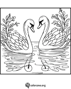 Coloring page of two elegant swans facing each other on a lake, surrounded by plants. Ideal for relaxation and creativity.