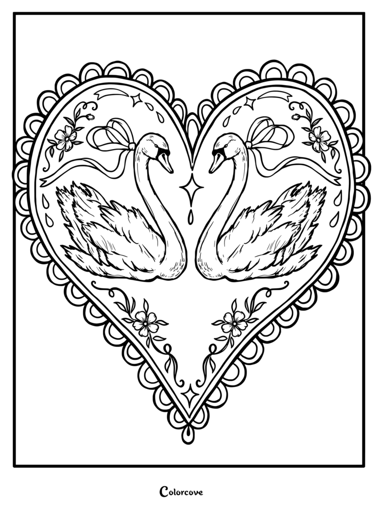 Two elegant swans facing each other inside a decorative heart-shaped frame with ribbons and flowers on a printable coloring page.