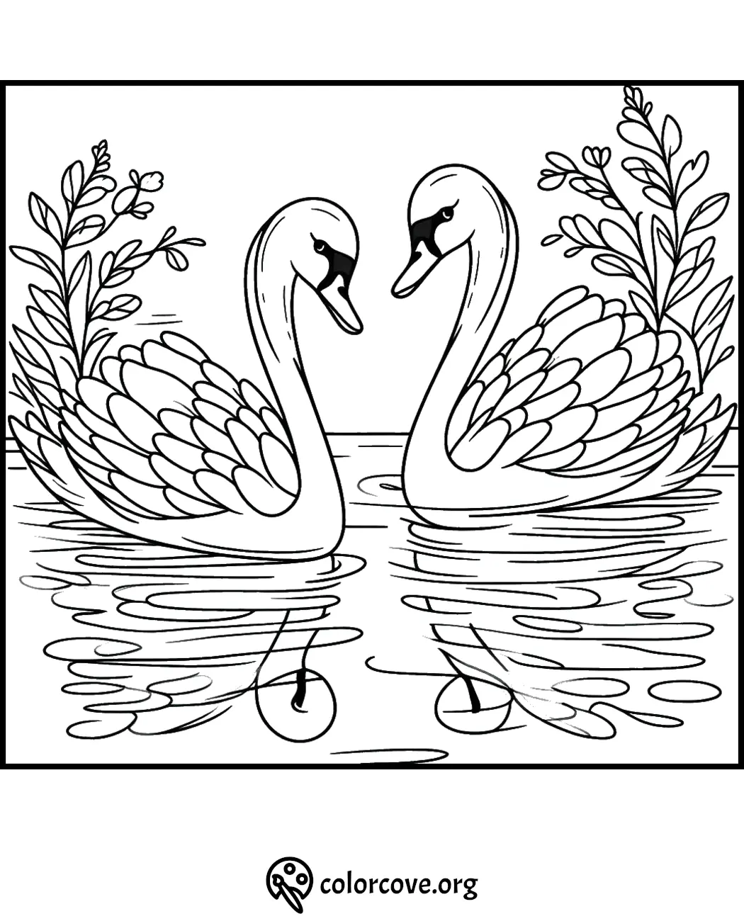 Coloring page of two elegant swans facing each other on a lake, surrounded by plants. Ideal for relaxation and creativity.