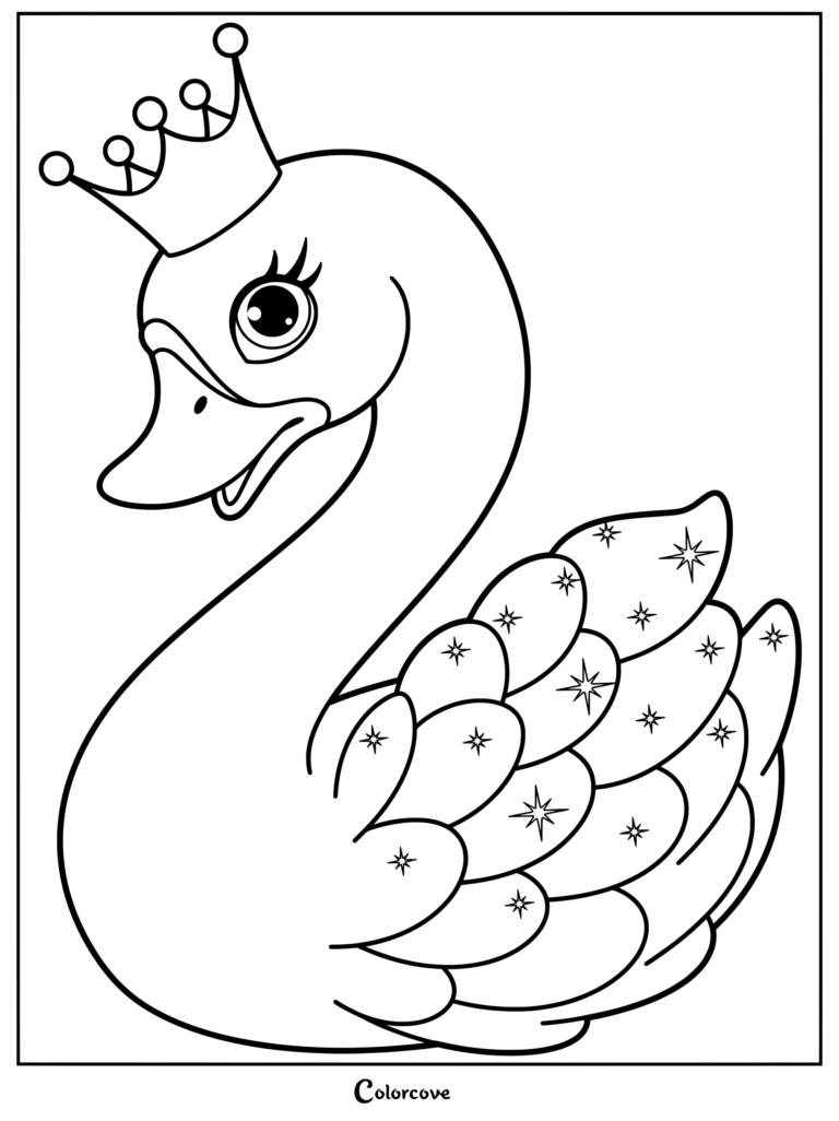 A cute swan wearing a crown with star-patterned wings in this printable coloring page.