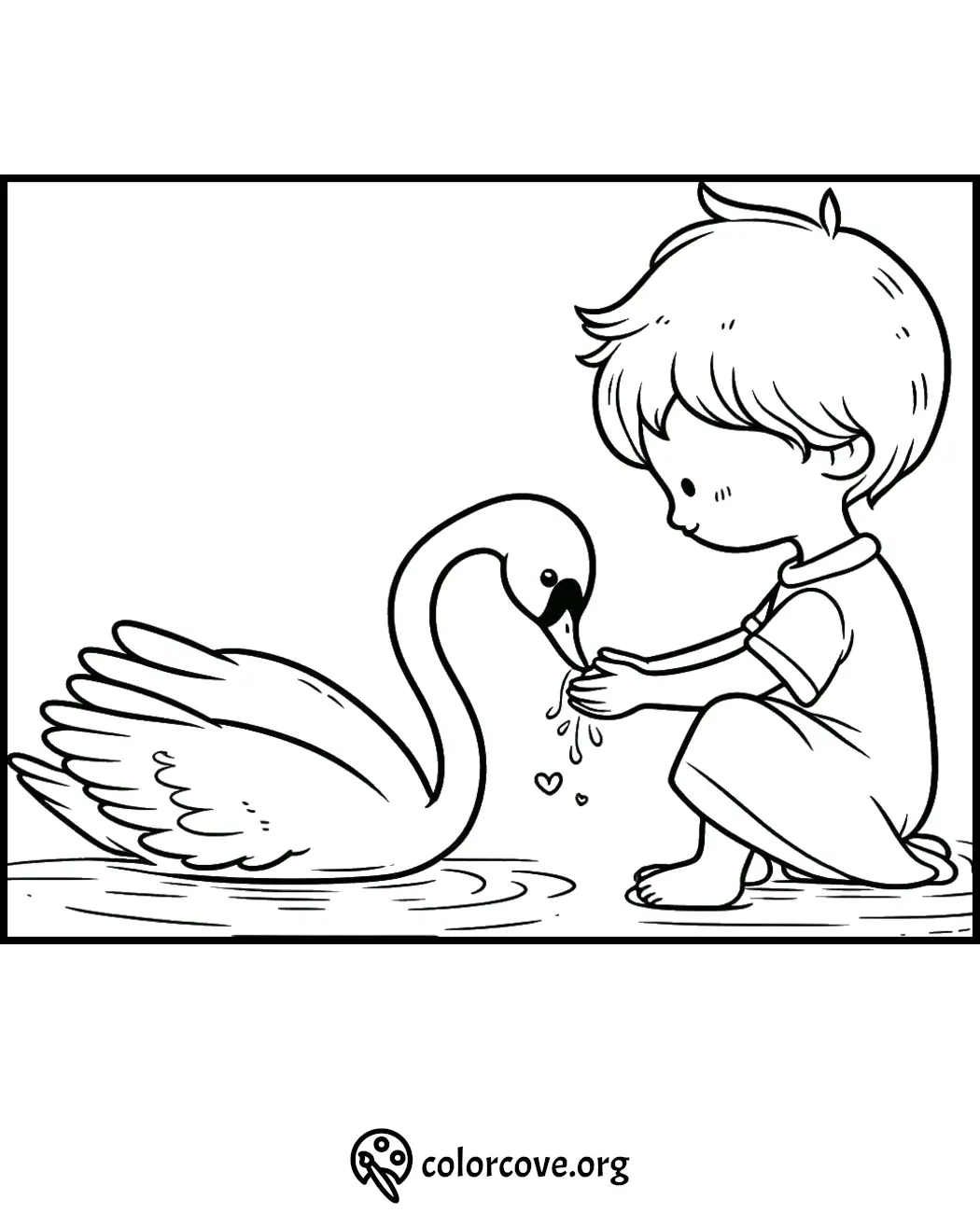 Child feeds swan coloring page - Kid giving food to swan in water, printable coloring sheet for children - colorcove.org