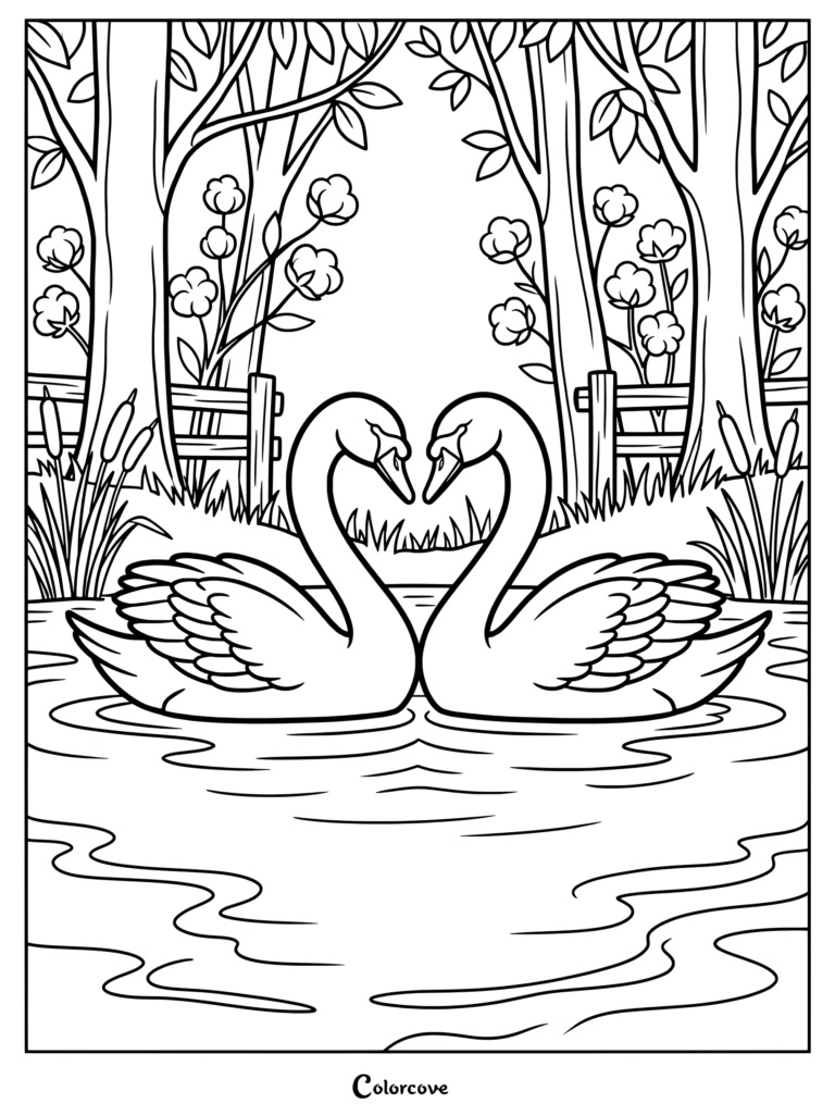 Two swans facing each other with necks curved into a heart shape on a pond, coloring page style line art.