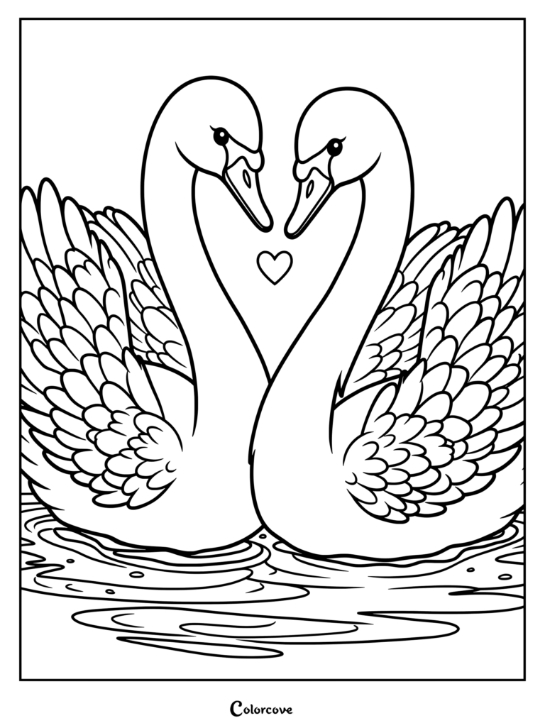 Two elegant swans facing each other with necks arched to form a heart shape in this printable coloring page.