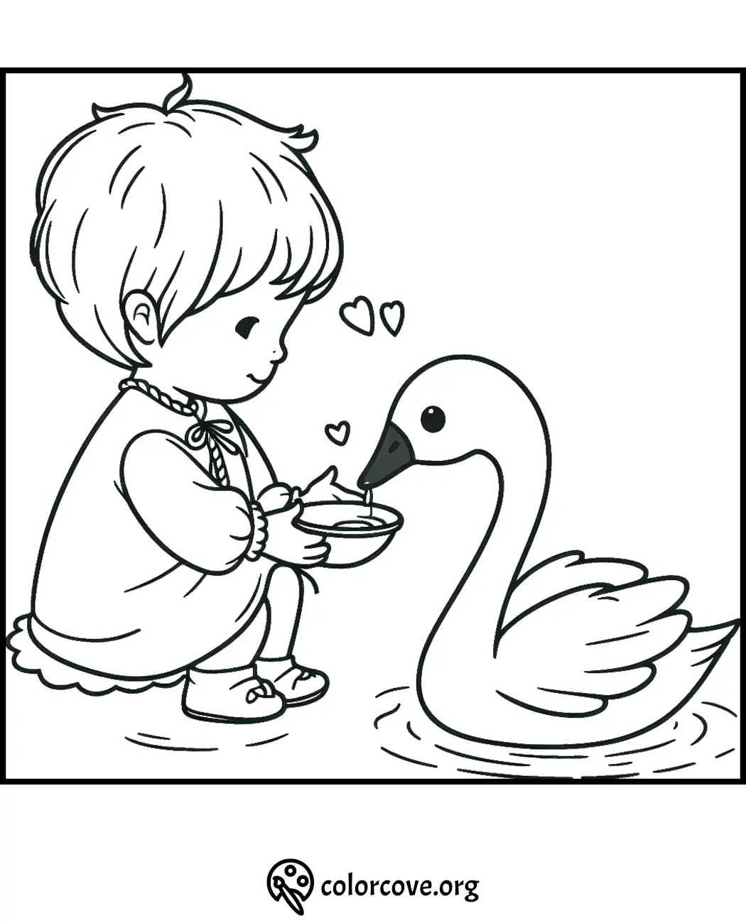 Child feeding a swan coloring page with hearts, perfect for kids' activities and printable coloring fun from colorcove.org.