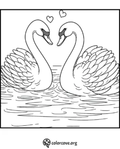 Coloring page featuring two swans facing each other with hearts above, swimming in a lake, promoting romantic themes.