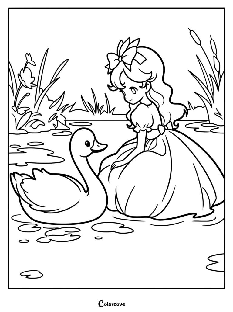 A young princess with a bow in her hair sitting by a pond with a swan in this printable coloring page.