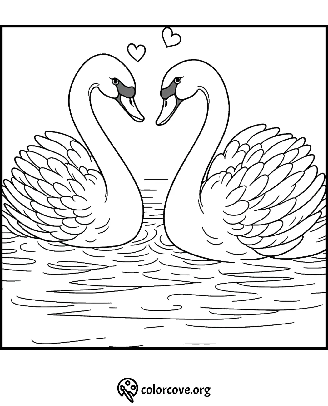 Coloring page featuring two swans facing each other with hearts above, swimming in a lake, promoting romantic themes.