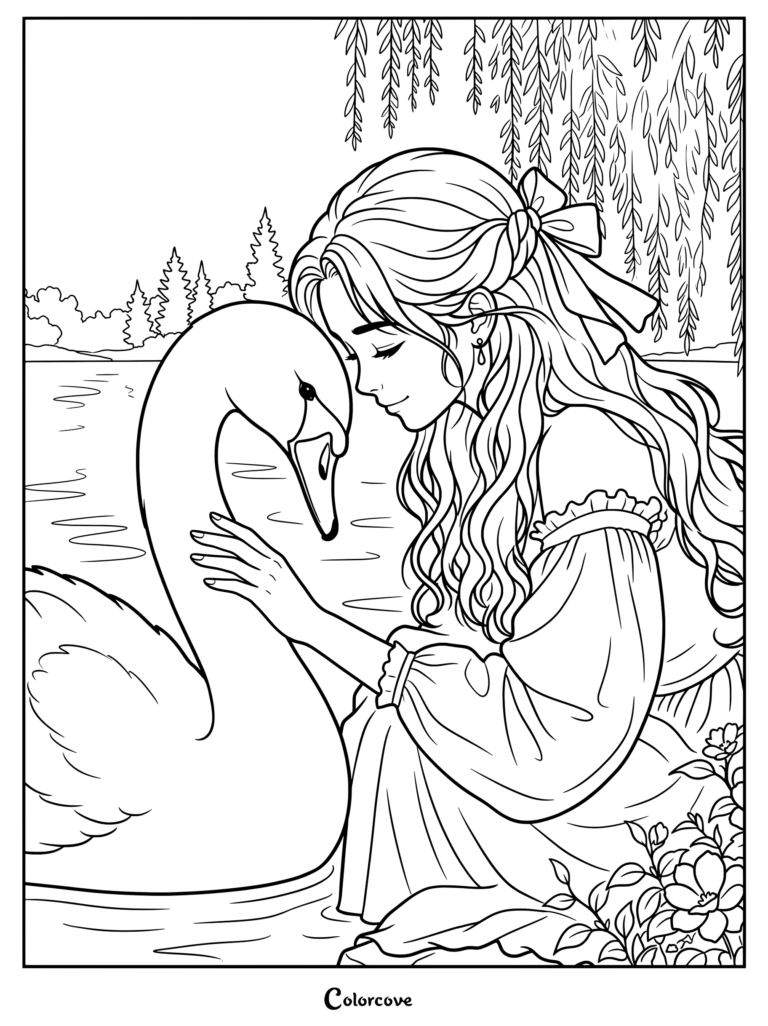A young woman with long wavy hair and a bow petting a graceful swan by a lake, detailed line art coloring page.