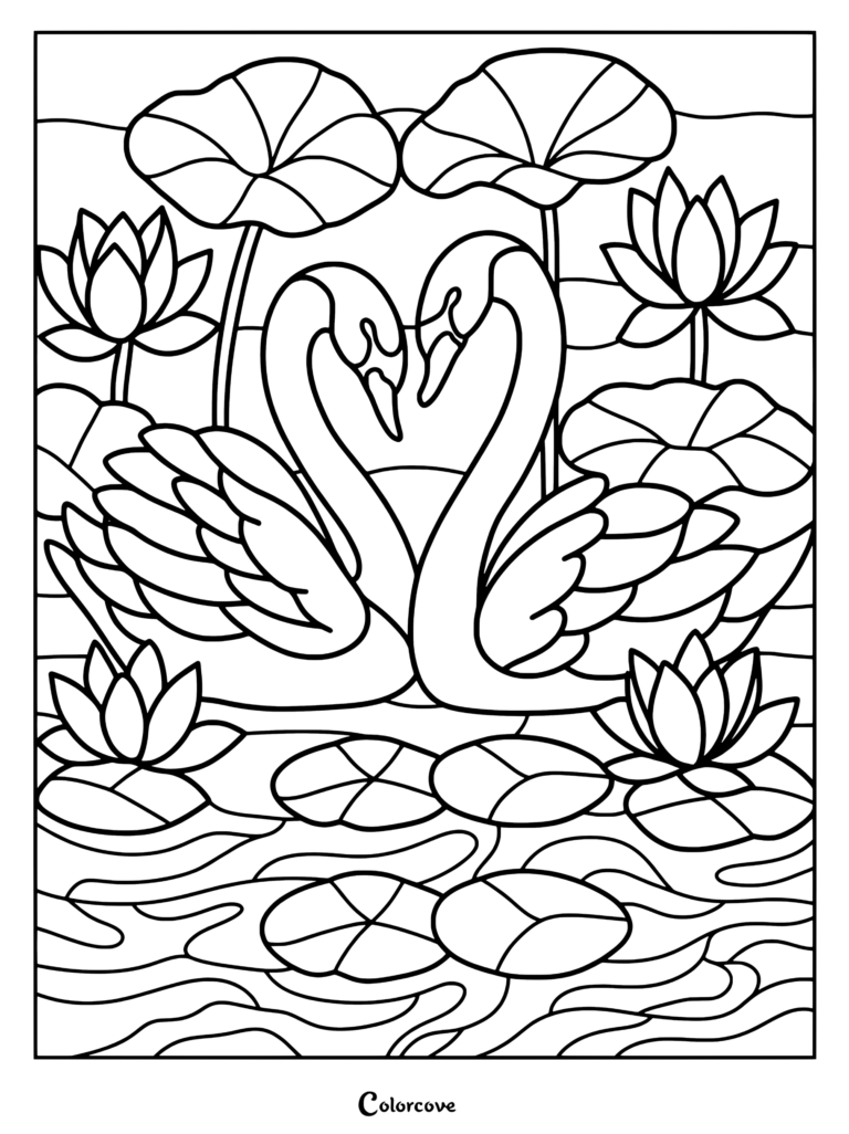 Two swans with necks curved into a heart shape surrounded by lotus flowers and lily pads in a pond coloring page.