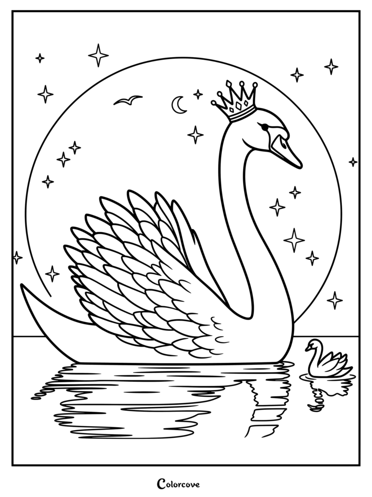 A majestic swan wearing a crown swimming with a small cygnet under a starry night sky in this printable coloring page.