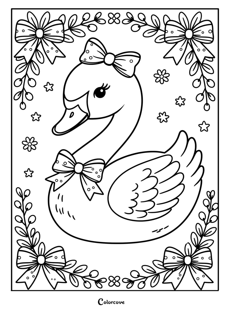 A cute swan wearing a bow on its head and neck, surrounded by a floral frame with bows in the corners on this printable coloring page.