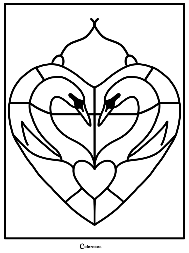 Stained glass style coloring page featuring two swans forming a heart shape with their necks and a small heart at the base.