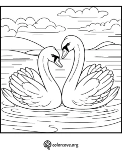 Swan coloring page for kids and adults. Printable black and white illustration of two swans on a lake.