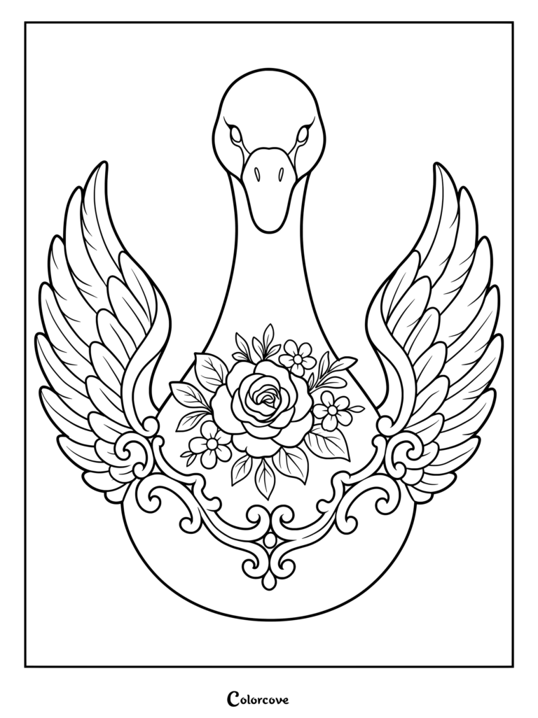 A detailed coloring page featuring a swan with spread wings and a central rose bouquet with filigree accents.